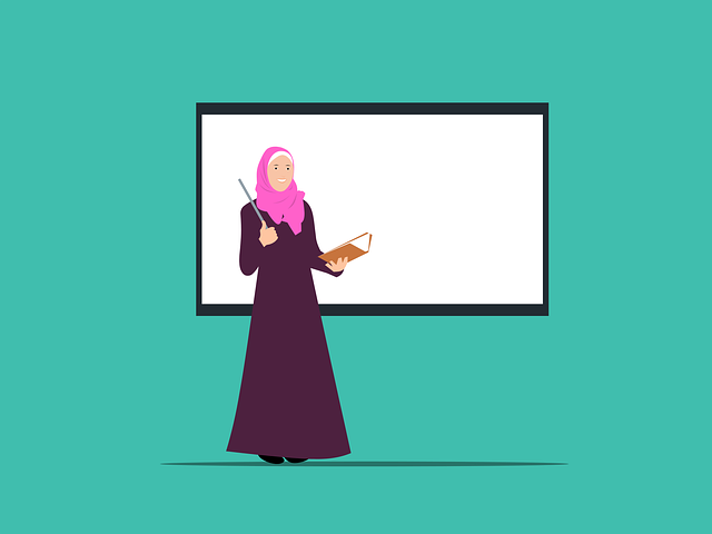 Woman as a teacher wearing scarf and chester handing a stick in a right hand teaching on white-board